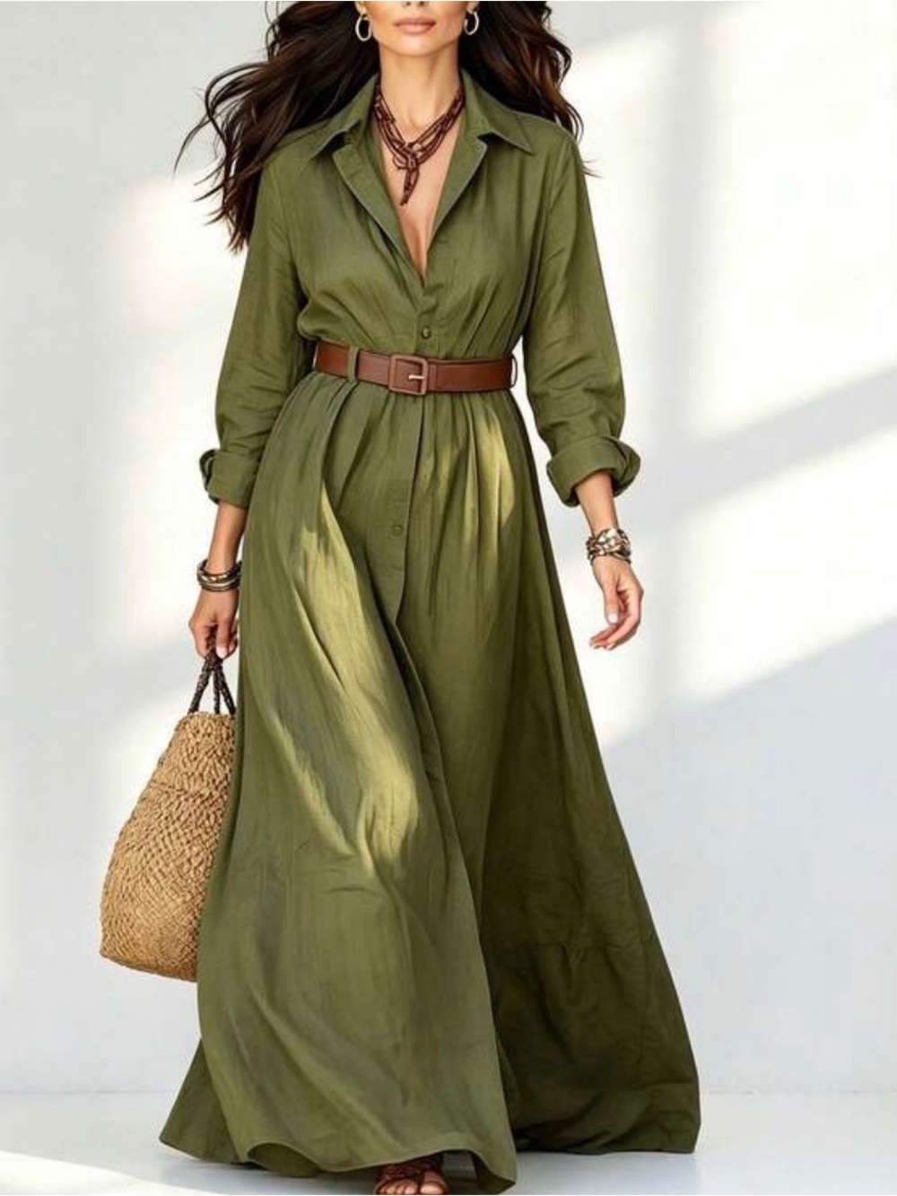 Olive Green Long Shirt Dress with Belt - Women